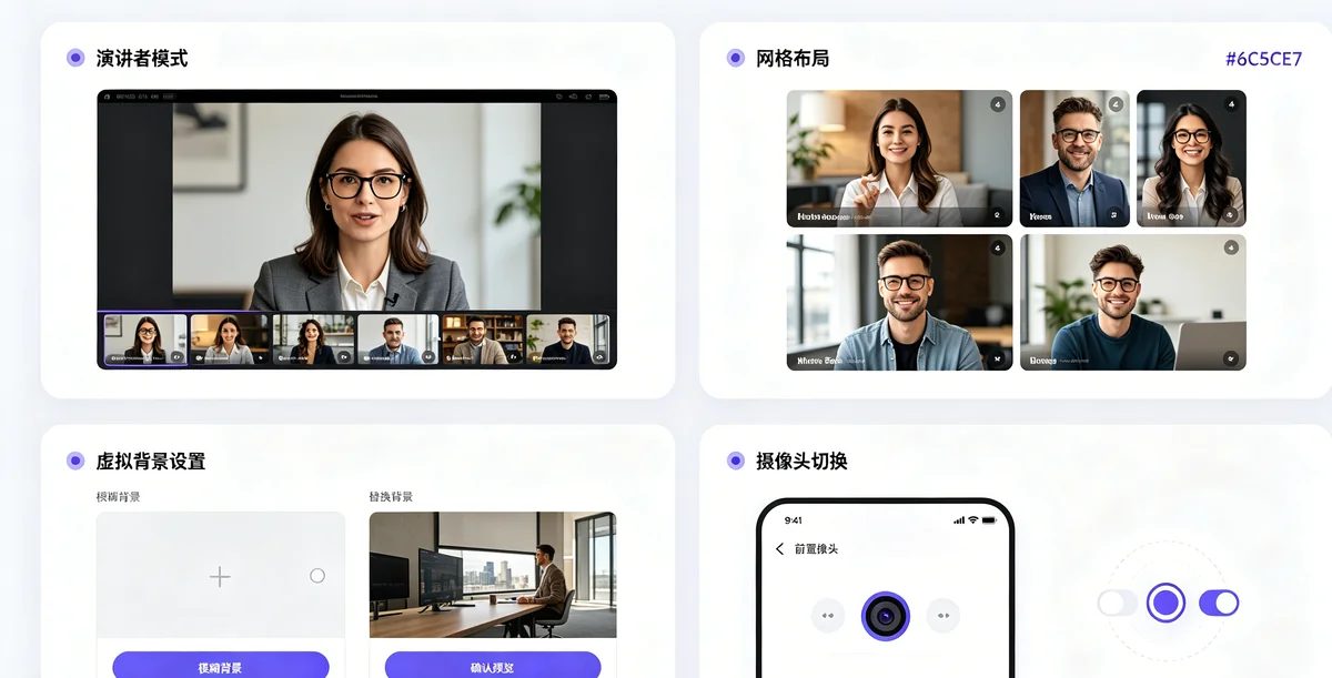 四格信息图:演讲者模式、网格布局、虚拟背景、摄像头切换功能介绍 Letstalk视频通话布局切换与虚拟背景设置